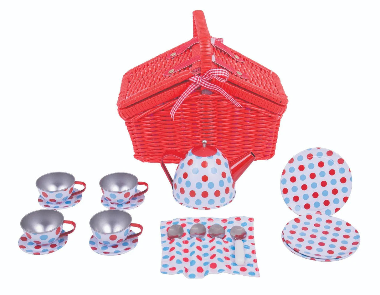 Spotted Tin Tea Set & Basket