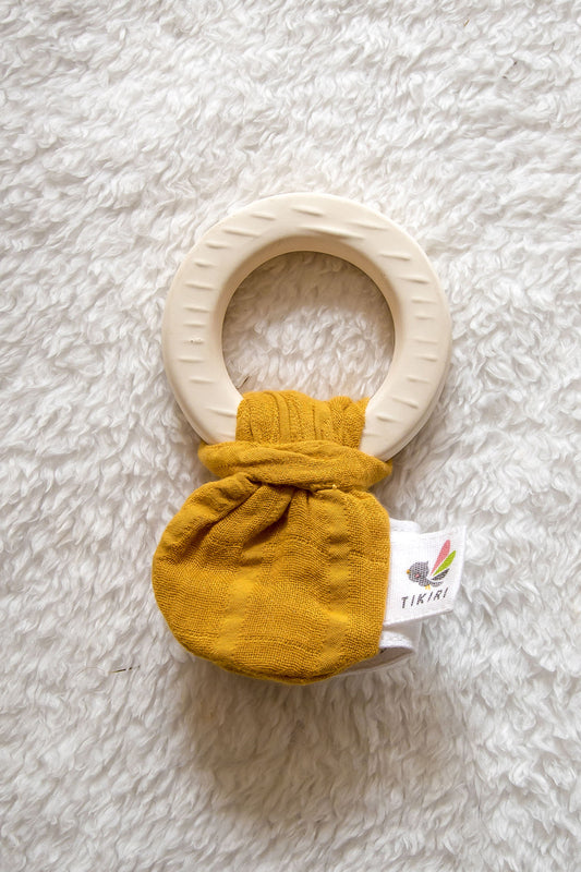 Natural Rubber Teether with a Mustard Muslin Tie - Tikiri